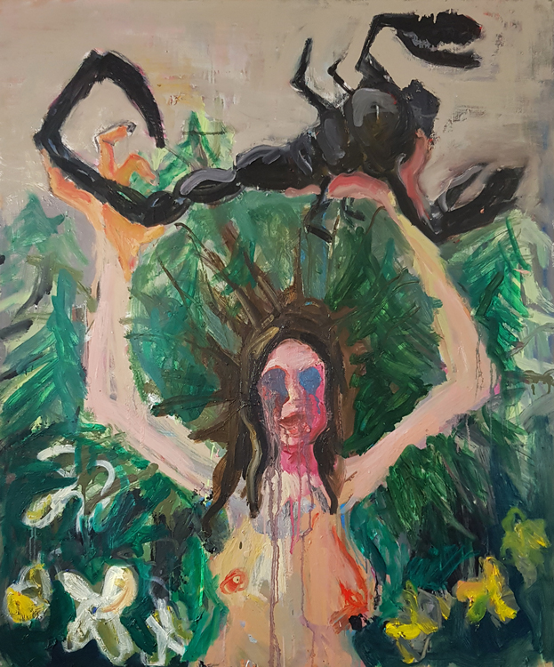 Lilith and Scorpio, 115x123cm, oil and email on canvas, 2020